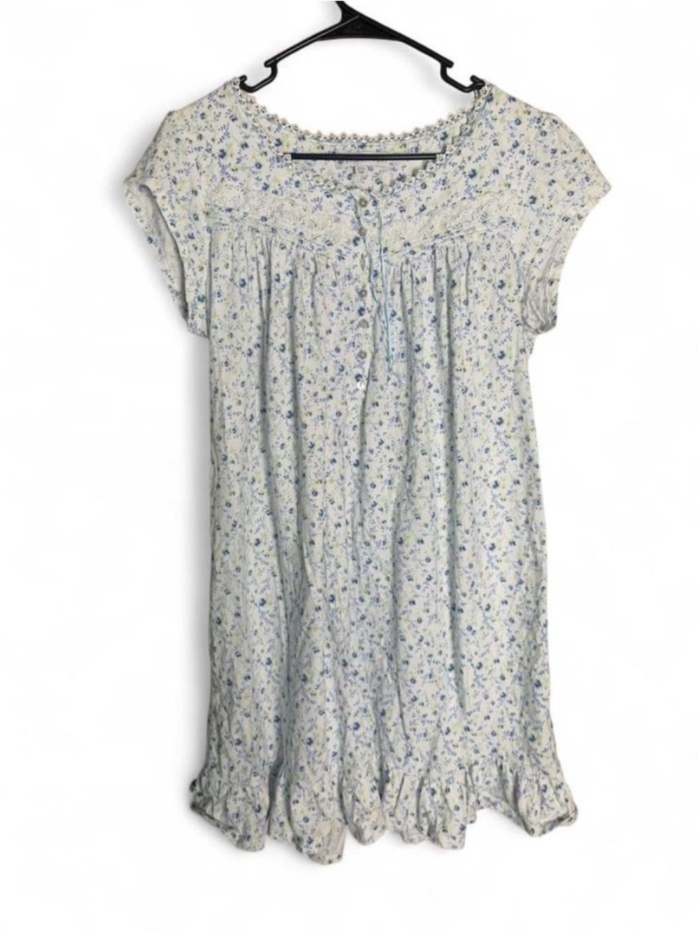 Eileen West Blue Floral 100% Cotton Knit Short Nightgown - Size Medium